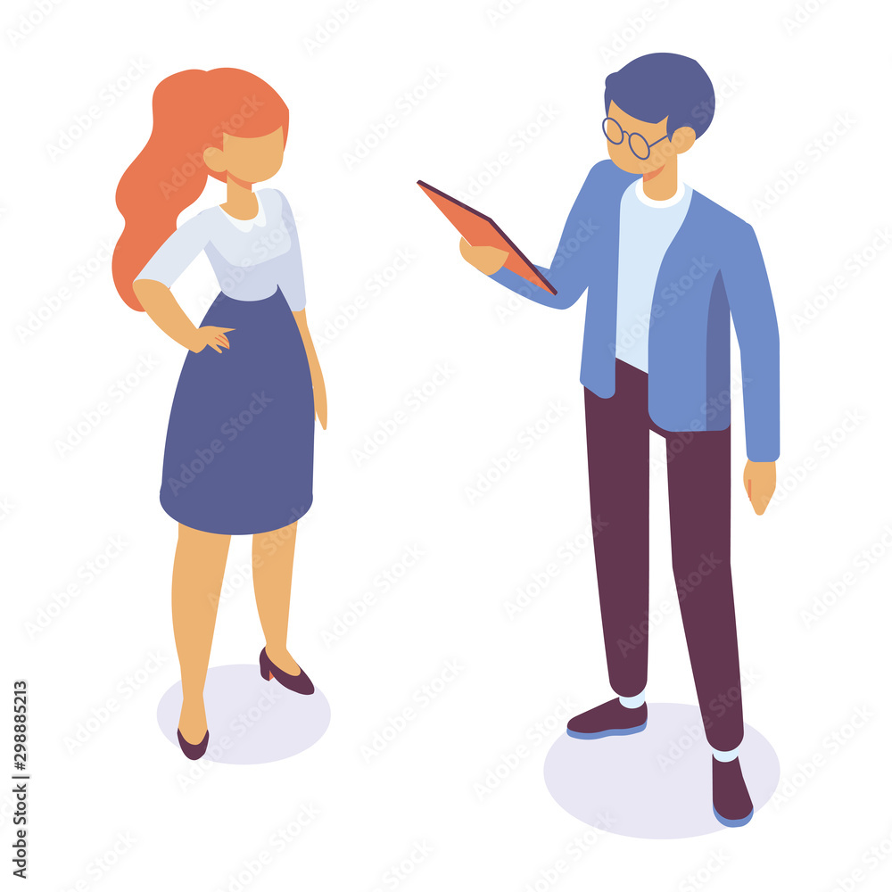 Isometric man and woman standing and having conversation. Talking. Business people team. Disscussing new idea. Coworkers. Vector isolated isometric characters. Isometric man and woman standing and having conversation. Talking. Business people team. Disscussing new idea. Coworkers. Vector isolated isometric characters.