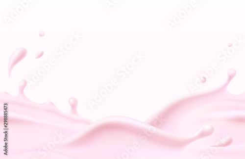 Milk beverage splash seamless pattern. 3d realistic pink yogurt wave border. Vector milky strawberry product package mockup. © Kindlena