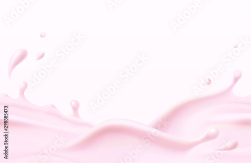 Milk beverage splash seamless pattern. 3d realistic pink yogurt wave border. Vector milky strawberry product package mockup.