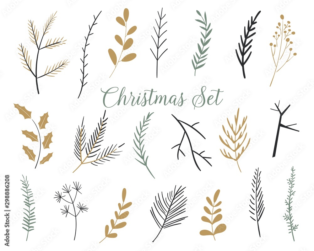 Christmas set of plants with flowers, spruce branches, leaves. Set of fir branches. Christmas tree, pine, winter. Perfect for invitations, greeting cards, posters, prints Christmas set of plants with flowers, spruce branches, leaves. Set of fir branches. Christmas tree, pine, winter. Perfect for invitations, greeting cards, posters, prints