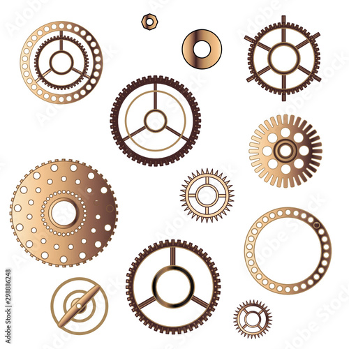 Set of bronze clock gears and washers, vector clip art in steam punk style