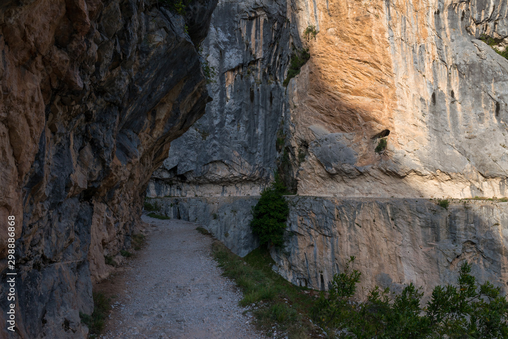 Cares road step in cliff area in the mountains of the Picos de Europa