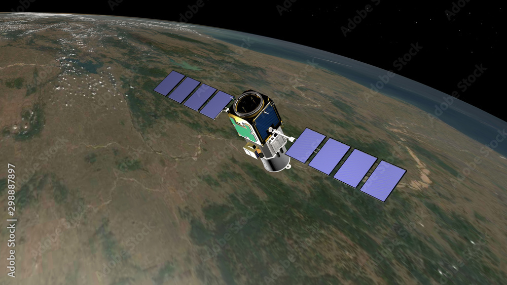 Satellite Calipso in orbita intorno alla terra, 3D rendering, illustrazione