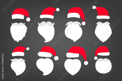 Set of vector illustratiion of Santa Claus hats, moustache and beard.