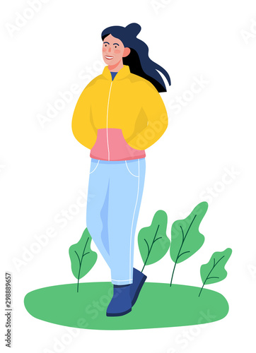 Woman walking with the hands in her pockets. Female