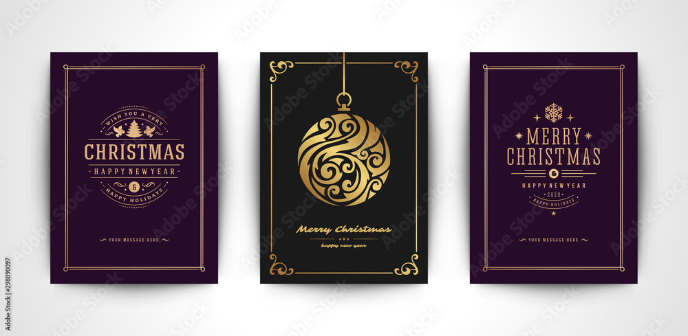 Naklejka premium Christmas greeting cards set and ornate typographic winter holidays text vector illustration.