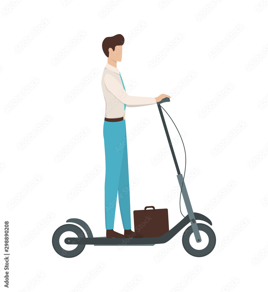 Vector illustration of a business man riding on kick scooter to work. Vector illustration of a business man riding on kick scooter to work.