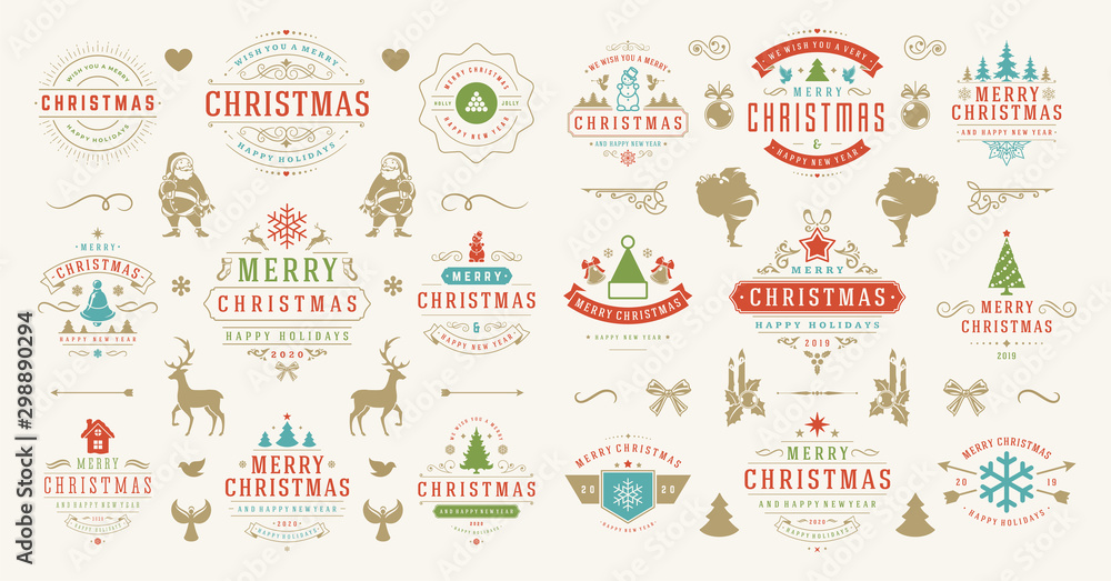 Christmas and happy new year wishes labels and badges set vector illustration - obrazy, fototapety, plakaty 