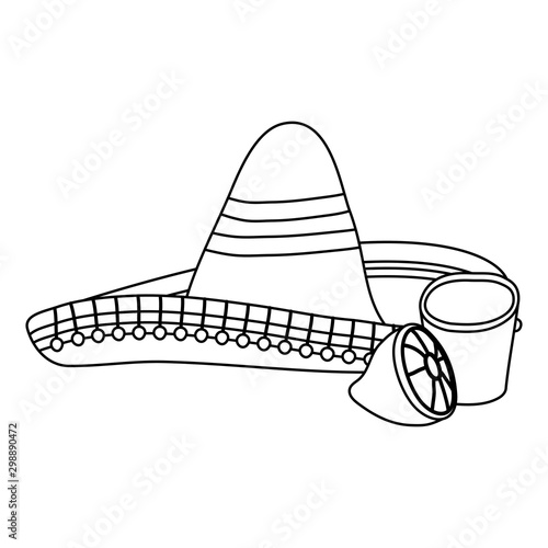 traditional mexican hat with tequila cup and lemon