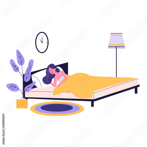 Woman sleep. Person rest in the bed on the pillow late