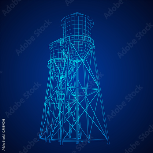 Water tower. Industrial construction with water tank. Wireframe low poly mesh vector illustration.