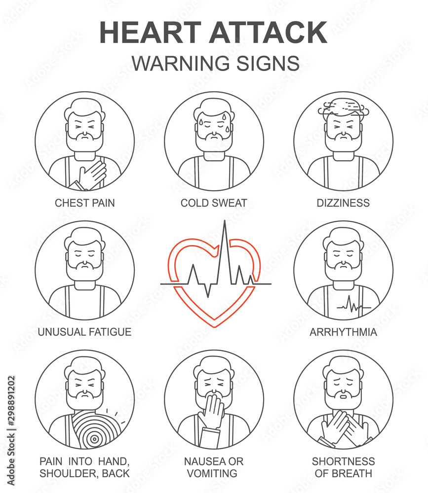 Heart attack warning signs vector line style icons set. Medical background. Medicine and health pattern with cardiology grey linear symbols on white. Heart attack warning signs vector line style icons set. Medical background. Medicine and health pattern with cardiology grey linear symbols on white.