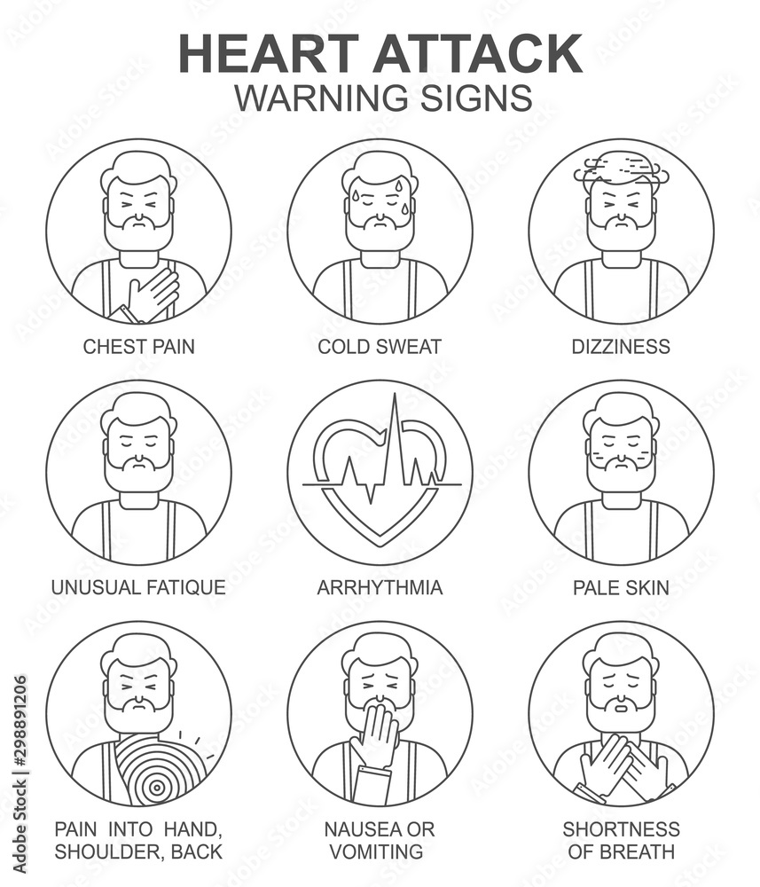 Heart attack warning signs vector line style icons set. Medical background. Medicine and health pattern with cardiology grey linear symbols on white. Heart attack warning signs vector line style icons set. Medical background. Medicine and health pattern with cardiology grey linear symbols on white.