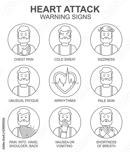 Heart attack warning signs vector line style icons set. Medical background. Medicine and health pattern with cardiology grey linear symbols on white.