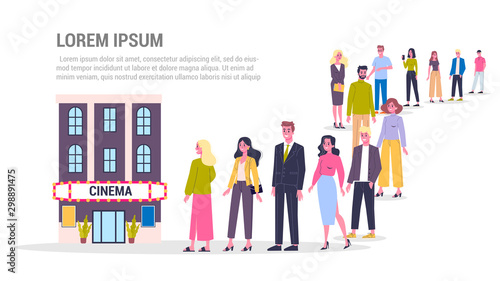 Vector illustration of big queue of people standing towards a cinema