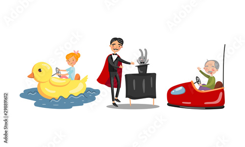 Magician and different rides. Vector illustration on a white background.