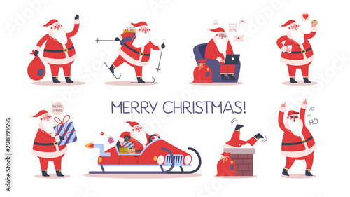 Set of cute funny Santa Claus in glasses celebrating Christmas