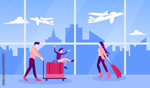 Vector illustration of tourist with laggage and handbag.