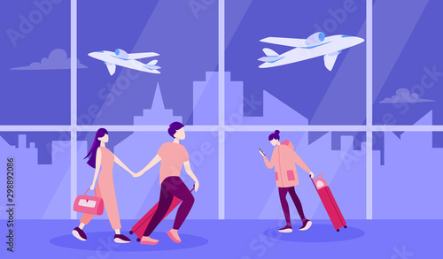 Vector illustration of tourist with laggage and handbag.