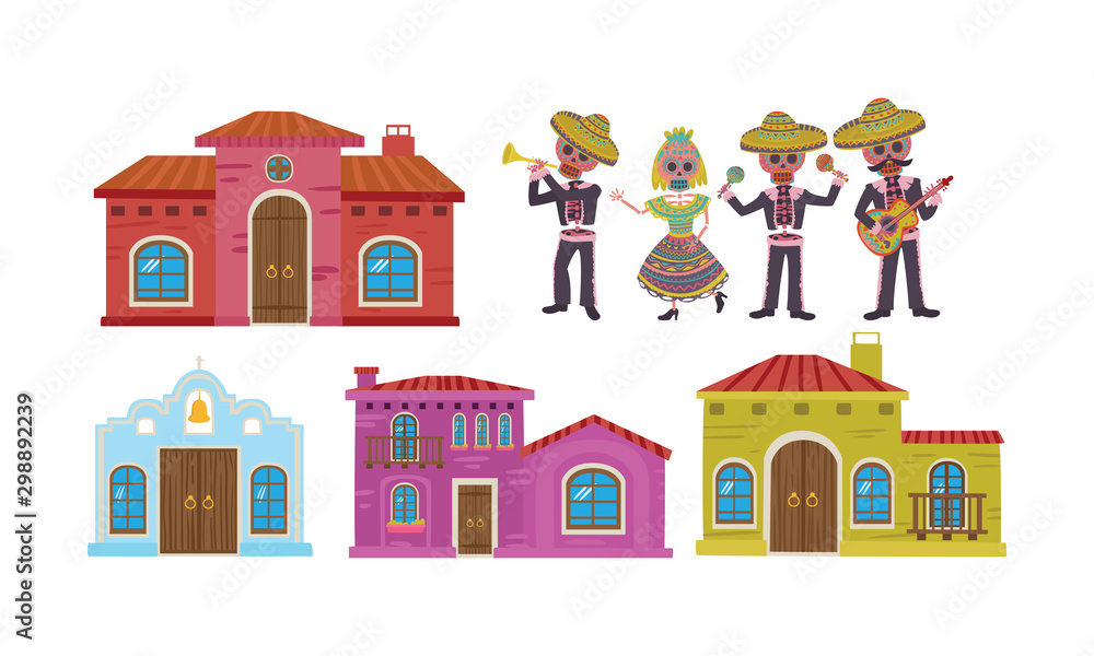 Traditional mexican buildings with wooden doors. Vector illustration.