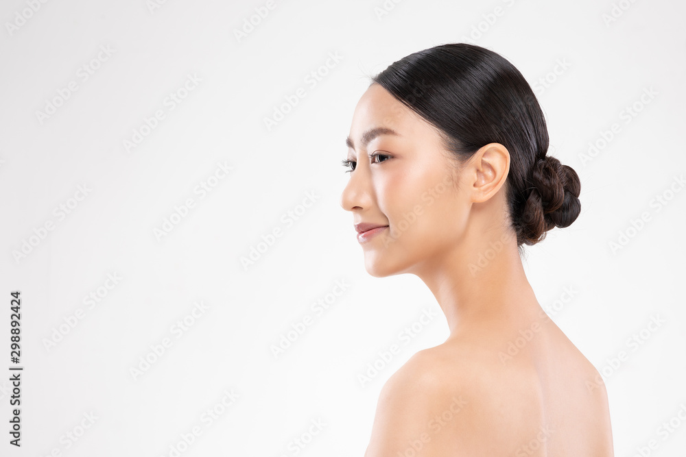 Side view of Beautiful Asian woman smile with clean and fresh skin Happiness and cheerful with positive emotional,isolated on white background,Beauty and Cosmetics Concept Side view of Beautiful Asian woman smile with clean and fresh skin Happiness and cheerful with positive emotional,isolated on white background,Beauty and Cosmetics Concept