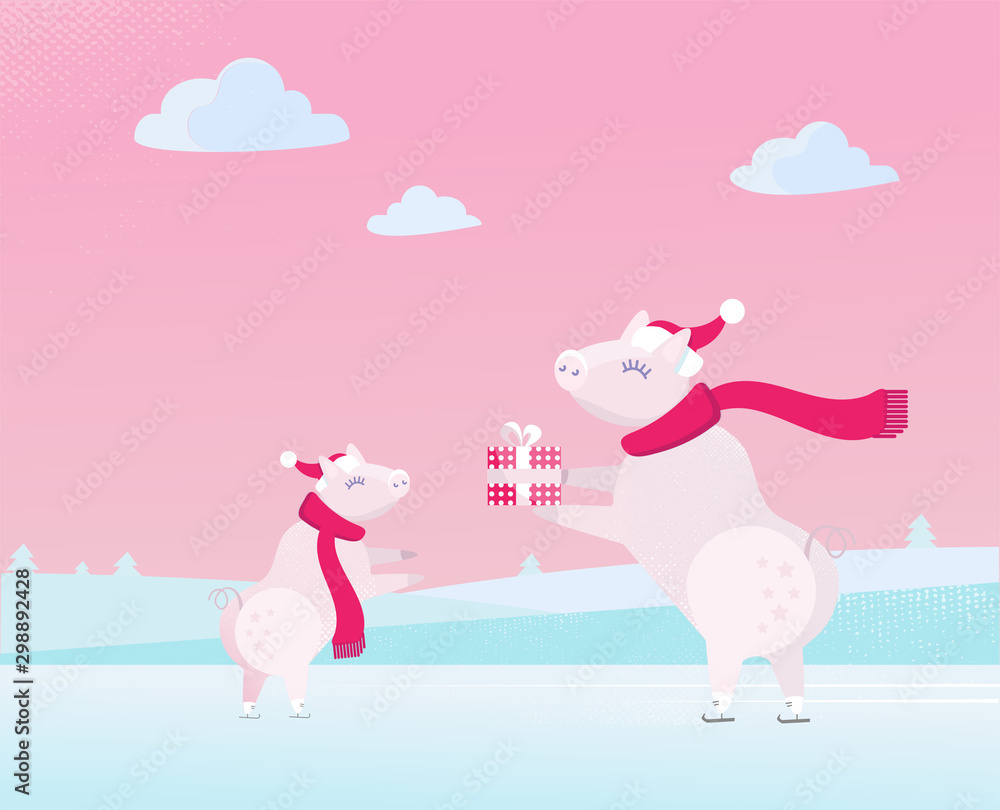 Christmas pig in Santa Claus cap gives present in festive box to small piggy. Two piglet are skating on ice. Gentle pink blue colors. Flat cartoon style illustration with textures and gradients Christmas pig in Santa Claus cap gives present in festive box to small piggy. Two piglet are skating on ice. Gentle pink blue colors. Flat cartoon style illustration with textures and gradients