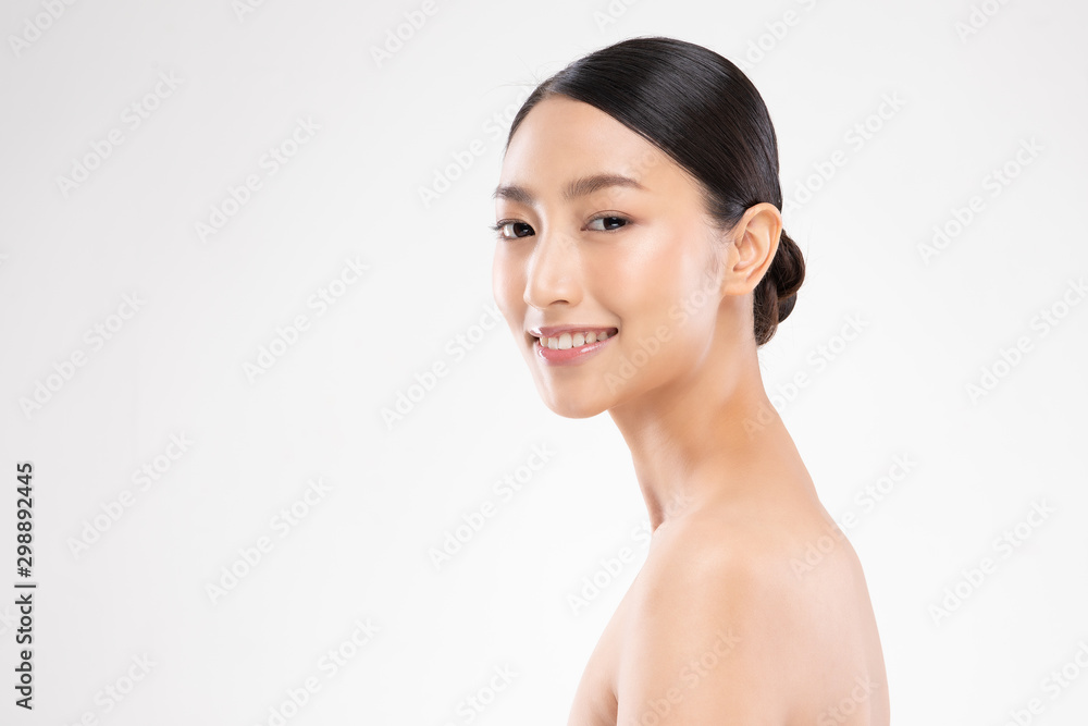Side view of Beautiful Asian woman smile with clean and fresh skin Happiness and cheerful with positive emotional,isolated on white background,Beauty and Cosmetics Concept Side view of Beautiful Asian woman smile with clean and fresh skin Happiness and cheerful with positive emotional,isolated on white background,Beauty and Cosmetics Concept