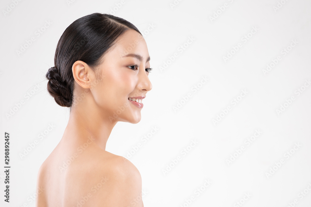 Side view of Beautiful Asian woman smile with clean and fresh skin Happiness and cheerful with positive emotional,isolated on white background,Beauty and Cosmetics Concept Side view of Beautiful Asian woman smile with clean and fresh skin Happiness and cheerful with positive emotional,isolated on white background,Beauty and Cosmetics Concept