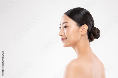 Side view of Beautiful Asian woman smile with clean and fresh skin Happiness and cheerful with positive emotional,isolated on white background,Beauty and Cosmetics Concept
