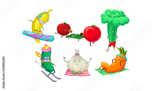 Humanized vegetables and fruits go in for sports. Vector illustration on a white background.