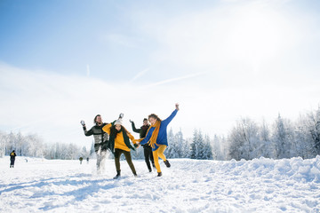 Group of young friends on a walk outdoors in snow in winter forest, having fun.
