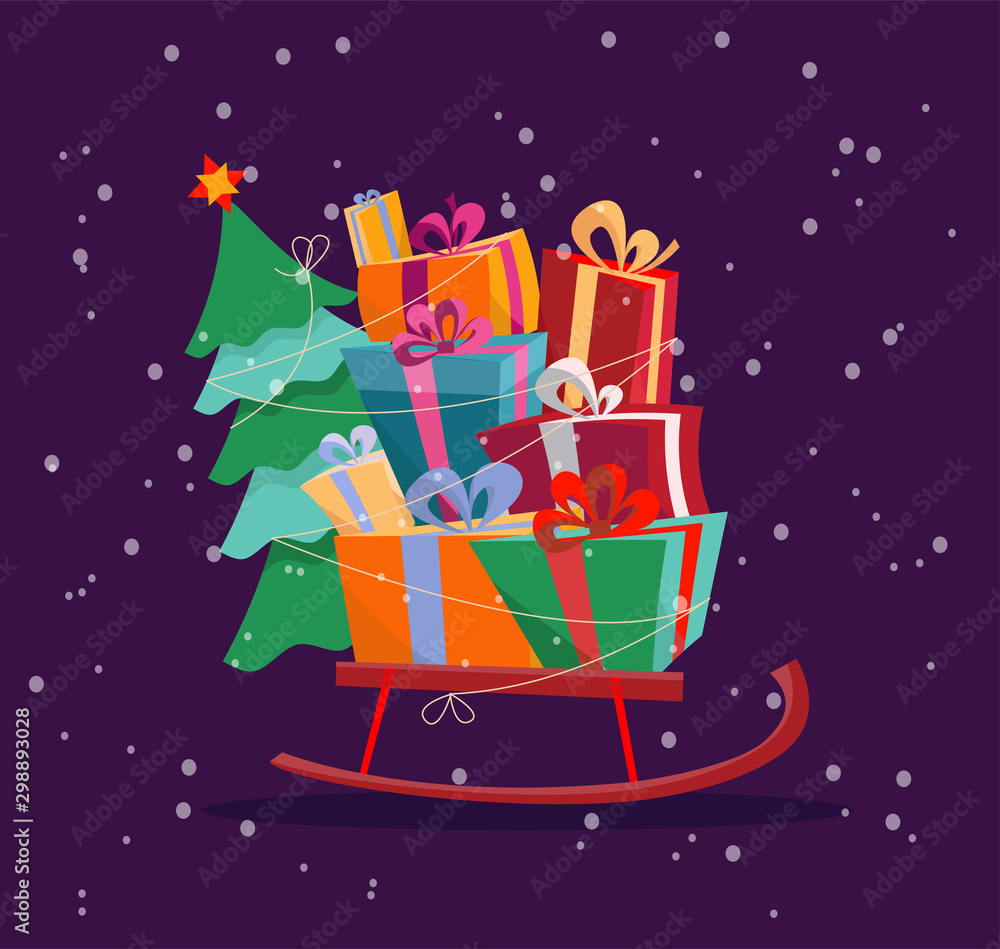 Children's sleigh with stack of presents and Christmas tree on dark blue background with snow. Gift boxes are beautifully decorated with ribbons and bows. Flat cartoon style illustration. Children's sleigh with stack of presents and Christmas tree on dark blue background with snow. Gift boxes are beautifully decorated with ribbons and bows. Flat cartoon style illustration.