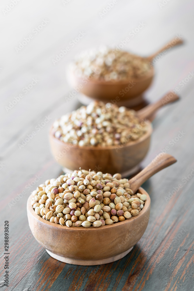 Organic Dried coriander seeds (Coriandrum sativum) in wooden bowls with spoon on rustic background. Organic Dried coriander seeds (Coriandrum sativum) in wooden bowls with spoon on rustic background.