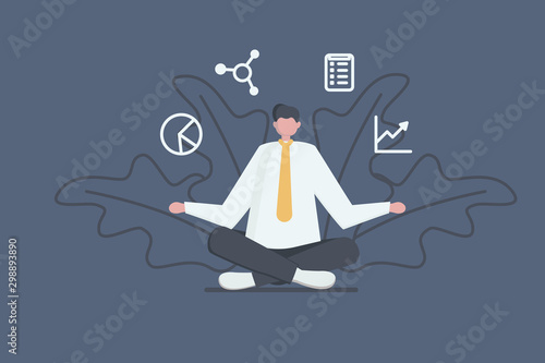 Business concept. Office manager sitting and meditating. Businessman relaxed calm in lotus pose.