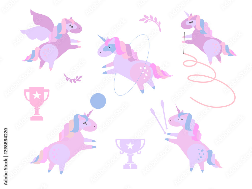 Cute unicorns in rhythmic gymnastics. Set of beautiful pony doing rhythmic gymnastics with ribbon, ball, hoop, Flat cartoon style illustration on white background Cute unicorns in rhythmic gymnastics. Set of beautiful pony doing rhythmic gymnastics with ribbon, ball, hoop, Flat cartoon style illustration on white background