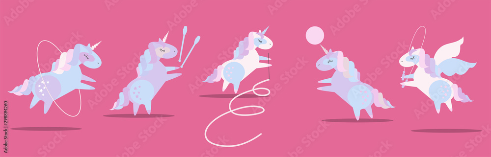 Cute plump unicorns in rhythmic gymnastics. Set of baby pony doing ...