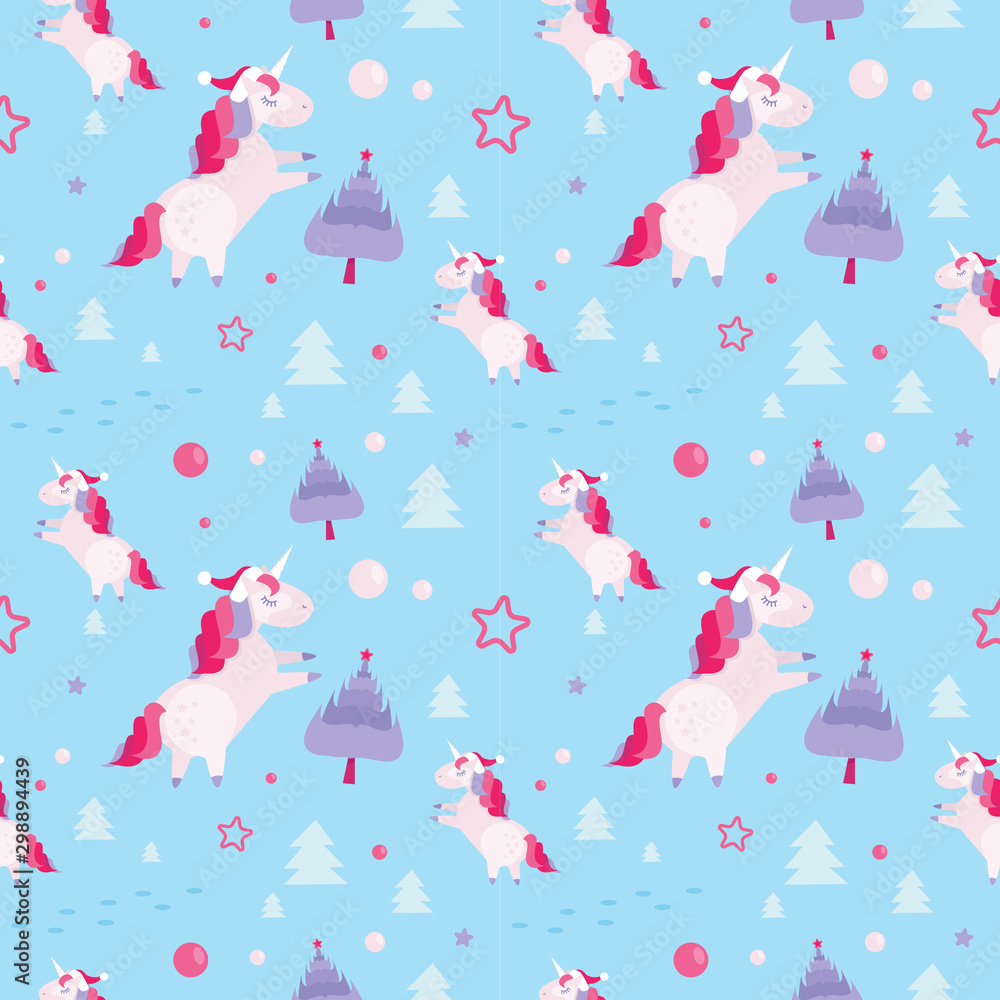 Christmas seamless pattern with unicorns, fir trees,balls, stars on blue background. Holiday template with Christmas unicorn and festive flat cartoon elements. Design for wrapping, fabric, print.