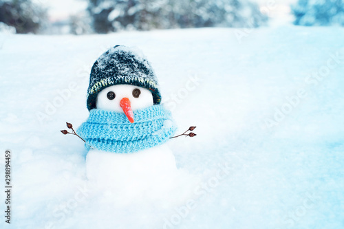 Portrait of a little snowman in a shapke and scarf on snow on a sunny winter day.  Christmas card