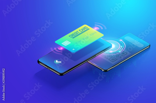 Isometric Payment though smartphone with scan qr code concept, online receiving and online payment. Easy and Safer online payment via credit cart vector 3d illustration.