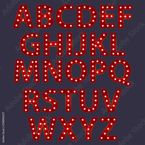Set of red alphabet from English letters with luminous glowing lightbulbs. ABC vector typography words design. Template type font for poster.