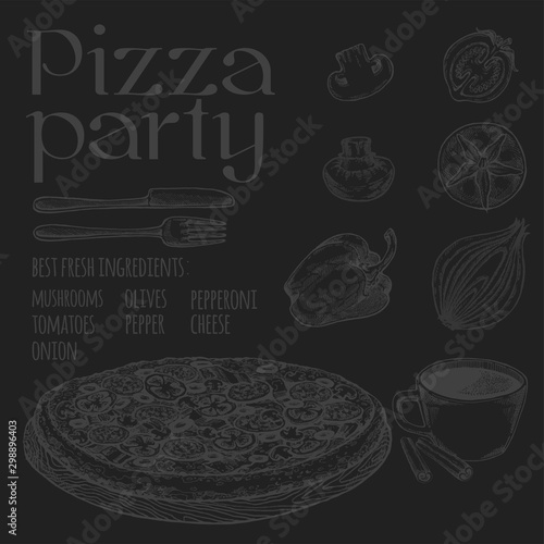 Vector drawing, pizza, table, organic food ingredients. Hand drawn pizza illustration. Great for menu, poster or label.