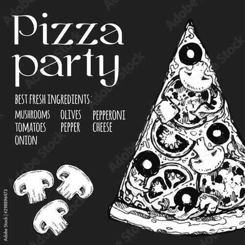 Vector drawing, pizza, table, organic food ingredients. Hand drawn pizza illustration. Great for menu, poster or label.
