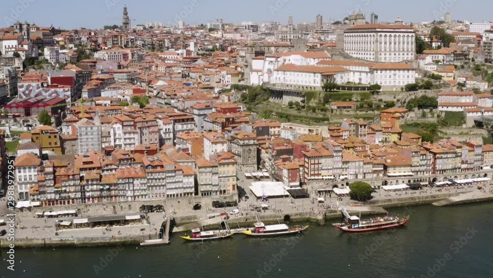 flying with drone in Porto above town over the Douro river in Porto, Portugal flying with drone in Porto above town over the Douro river in Porto, Portugal