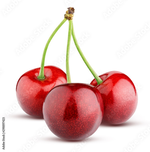 three sweet cherry berries isolated on white background