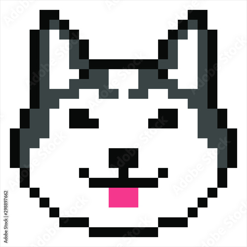 vector pixel art Siberian Husky dog isolated on white background, white and black dog.