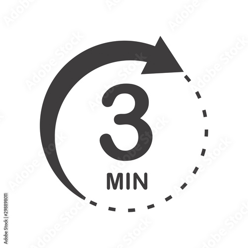 Three minutes icon. Symbol for product labels. Different uses such as cooking time, cosmetic or chemical application time, waiting time ...