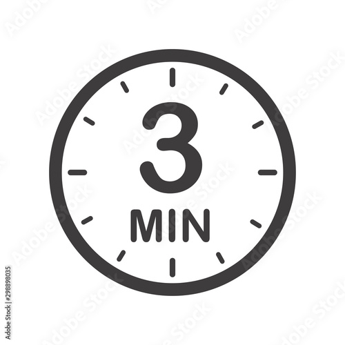 Three minutes icon. Symbol for product labels. Different uses such as cooking time, cosmetic or chemical application time, waiting time ...