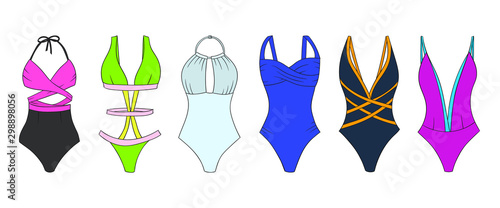 Swimming suits set. Doodle bikini. One piece swimsuits collection. Ladies clothes for summer vacation. Bikini sketch. Swimwear fashion.