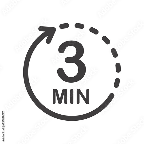 Three minutes icon. Symbol for product labels. Different uses such as cooking time, cosmetic or chemical application time, waiting time ...