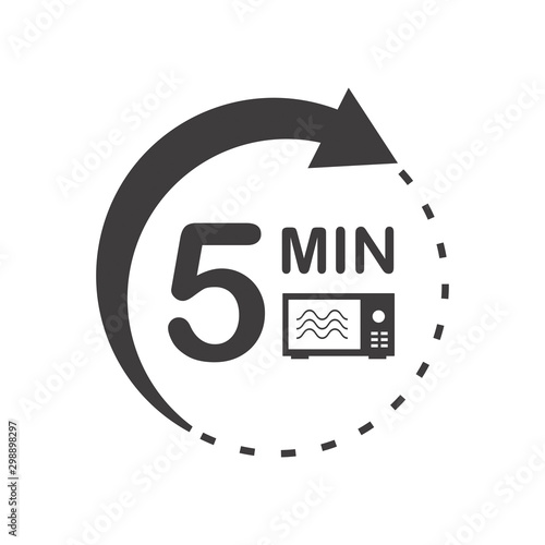 Five minutes icon. Cook in microwave sign. Heat 5 minutes.